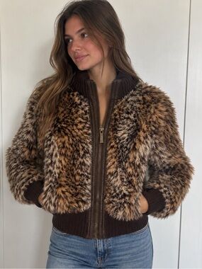Yoki Y2K Faux Fur Bomber Jacket Sweater Brown 2000s Indie Sleaze Size S